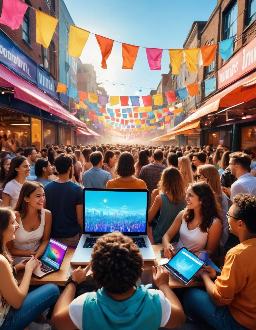 A dynamic scene capturing a live event with a diverse crowd engaged in various activities, such as live blogging on laptops and smartphones. Incorporate colorful banners and digital screens displaying social media feeds. Illustrate energy and excitement with upbeat colors and movement, highlighting interaction and community engagement. Include a warm, inviting atmosphere emphasizing togetherness. vibrant colors. super-realistic.