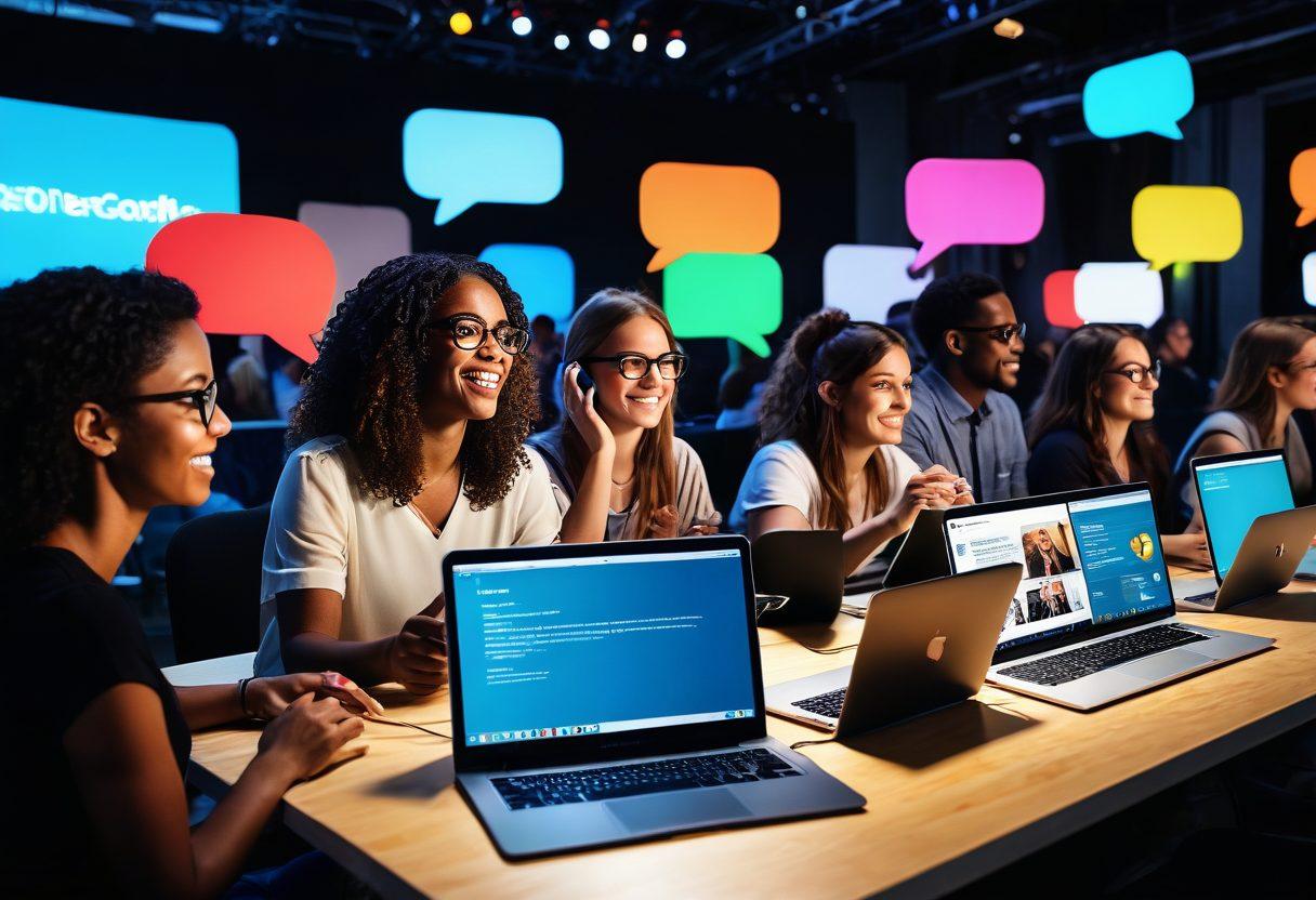A vibrant scene illustrating a diverse group of people engaging in a dynamic live blogging event, surrounded by laptops and tablets, with colorful speech bubbles showcasing their interactive comments. The background features a stage with a speaker passionately presenting, and energetic lighting creating an inviting atmosphere. The image captures the essence of community and collaboration in real-time. super-realistic. vibrant colors. 3D.
