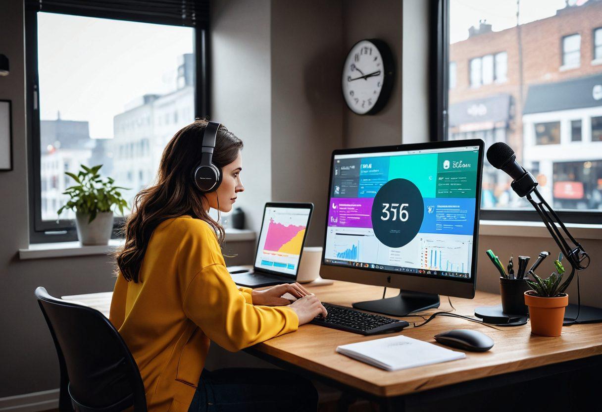 A dynamic scene depicting a content creator seamlessly transitioning from a streaming setup to a blogging workspace. Include a laptop displaying live stats, a microphone, and vibrant social media icons swirling around. In the background, show a digital clock symbolizing real-time updates and a connected audience engaging on various platforms. The color palette should be bright and eye-catching to represent excitement and creativity. super-realistic. vibrant colors. digital art.